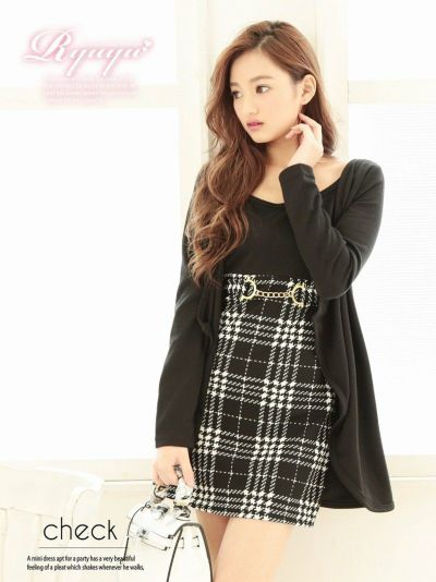 キャバドレスモノトーン×チェック柄レイヤード長袖キャバワンピース【Ryuyu】(M)(チェック柄)