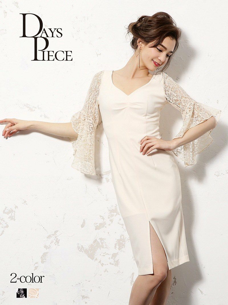 花柄刺繍レースベルスリーブ袖付き韓国ドレス【DAYS PIECE】膝丈七分袖キャバワンピース【デイズピース】