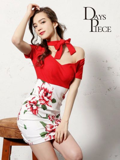 韓国キャバドレスリボン花柄切り替え【DAYS PIECE】オフショルダー膝丈キャバワンピース