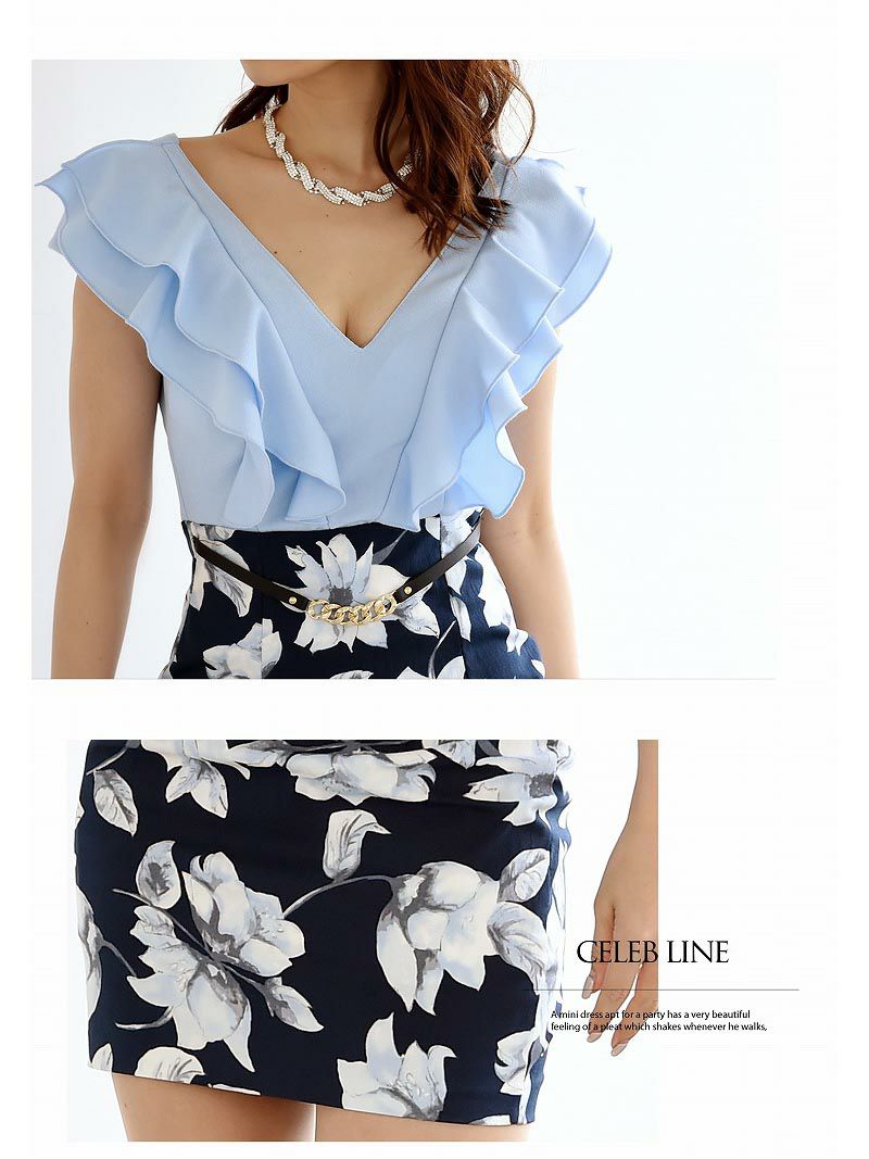 【Belsia】胸元贅沢フリルミニドレス 袖付き花柄キャバクラドレス【ベルシア】