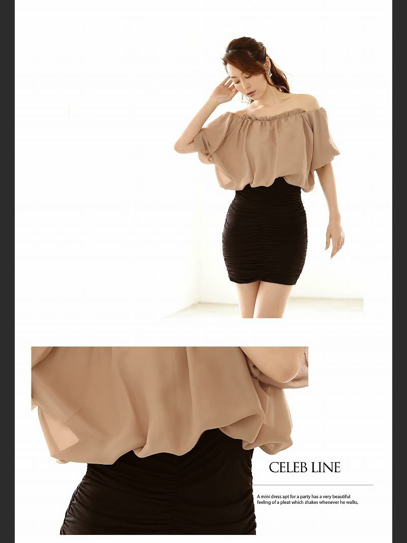 【Belsia】ふわピタシフォン切替オフショルワンピース ストレッチ美ドレープキャバワンピース【ベルシア】