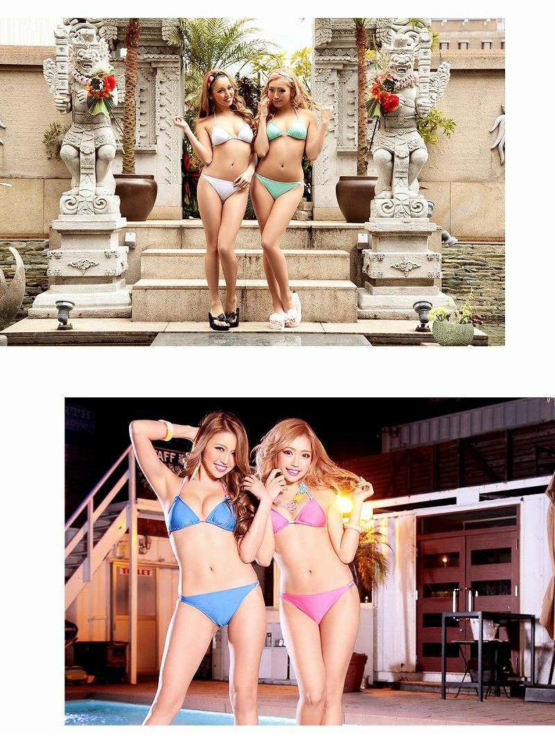 【即納】盛れる!?厚手パット入りブラジリアン三角ビキニ ダブルストラップ無地キャバ水着 2点セット