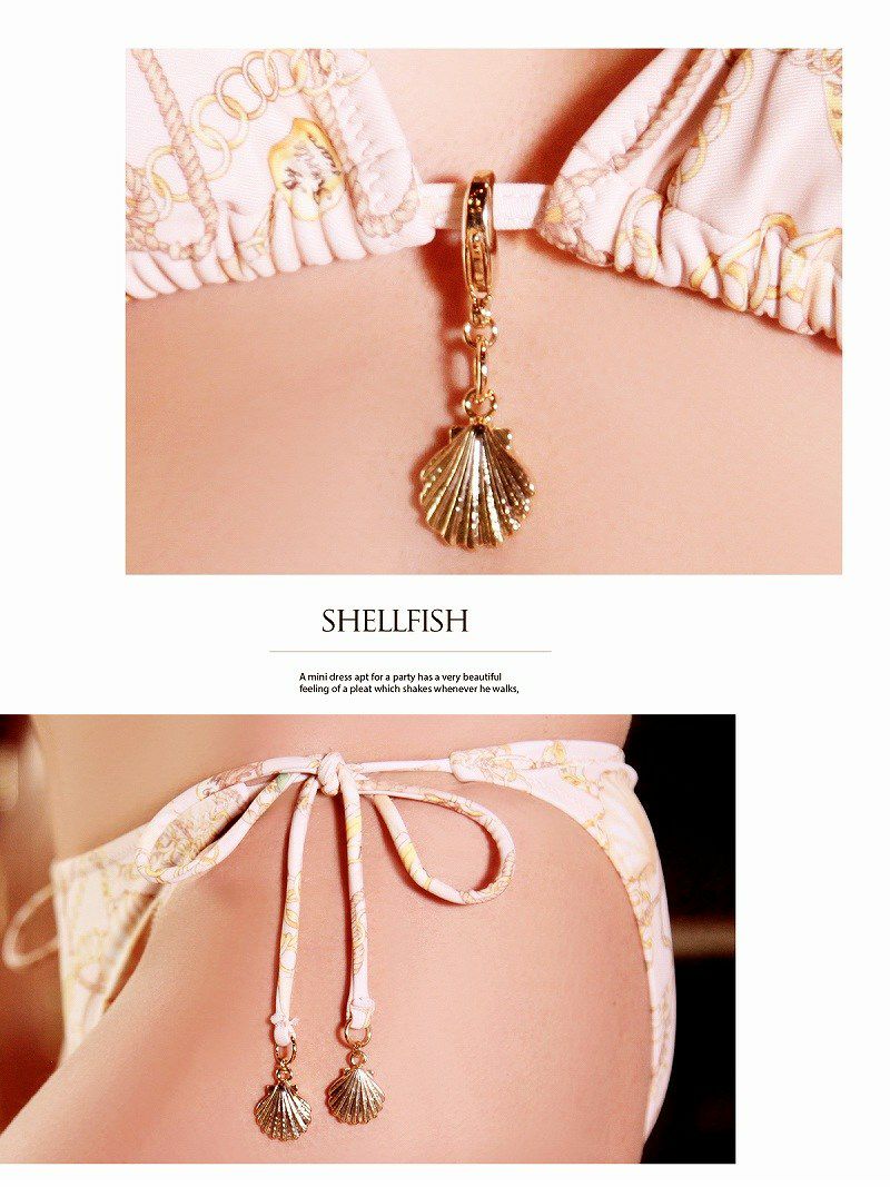 【即納】シェル×チェーン柄ホルターネック三角ビキニ シェルモチーフ付きキャバ水着 2点セット