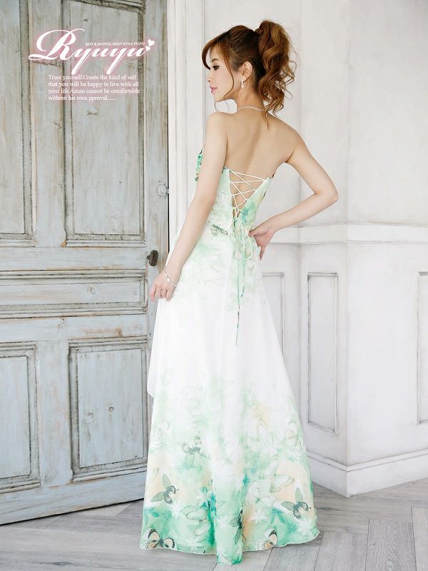 S/Lサイズ追加!! 美グラデーション前ミニロングドレス/シフォンに蝶×薔薇が舞い降りる上品ティアード/テールシフォン