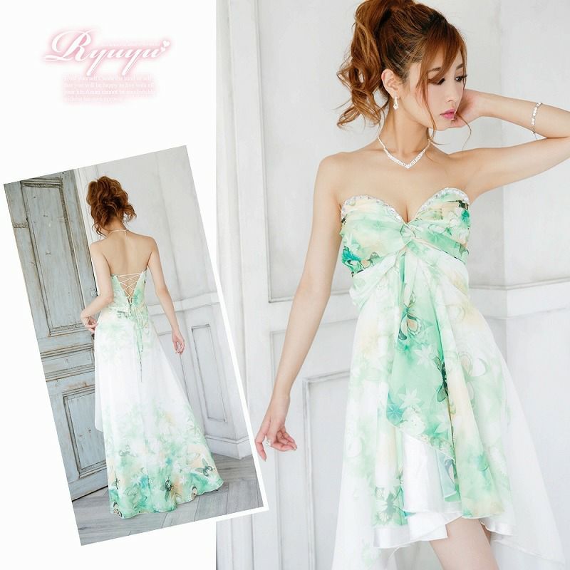 S/Lサイズ追加!! 美グラデーション前ミニロングドレス/シフォンに蝶×薔薇が舞い降りる上品ティアード/テールシフォン