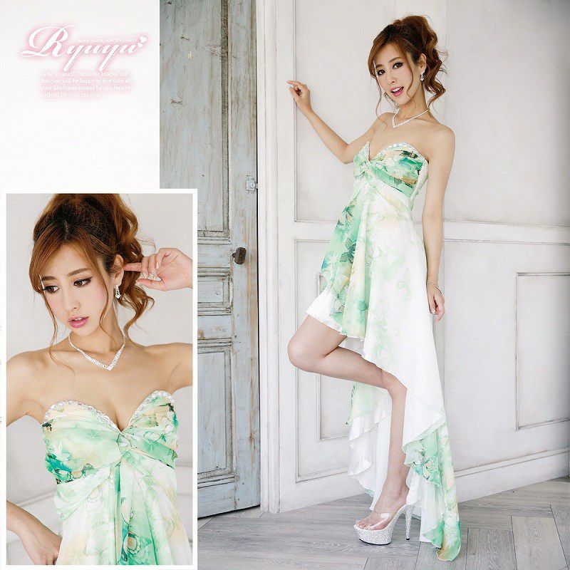 S/Lサイズ追加!! 美グラデーション前ミニロングドレス/シフォンに蝶×薔薇が舞い降りる上品ティアード/テールシフォン