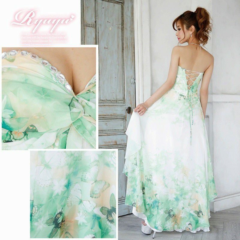 S/Lサイズ追加!! 美グラデーション前ミニロングドレス/シフォンに蝶×薔薇が舞い降りる上品ティアード/テールシフォン