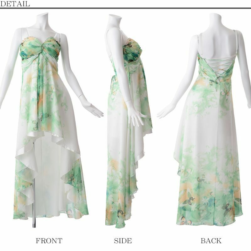 S/Lサイズ追加!! 美グラデーション前ミニロングドレス/シフォンに蝶×薔薇が舞い降りる上品ティアード/テールシフォン