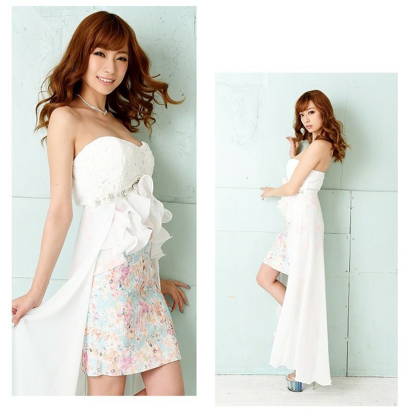 エアリー美姫!ジャガードレース花柄前ミニロングドレス 華沢友里奈 着用ロングドレス【Ryuyu】【リューユ】ロングテールシフォンキャバロングドレス
