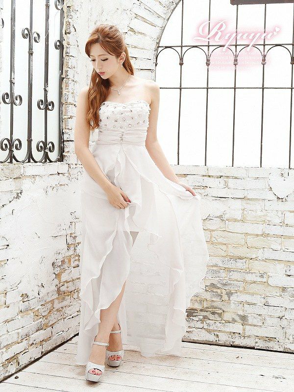 癒姫!ティアードフリル前ミニロングドレス 丸山慧子 着用ロングドレス【Ryuyu】【リューユ】テールカットシフォンキャバクラロングドレス