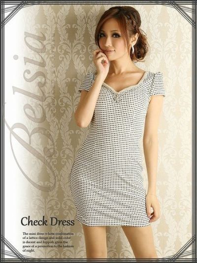 上品LADYチェック柄袖付きミニワンピース*パールライン美デコルテ【Belsia】