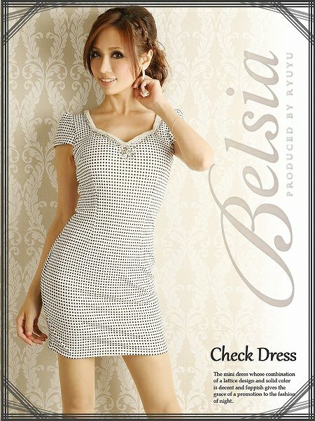 【Belsia】上品LADYチェック柄袖付きミニワンピース*パールライン美デコルテ