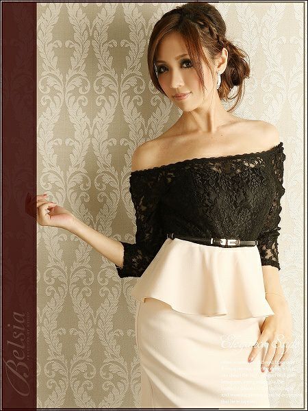 【Belsia】ベルト付袖付きペプラムミニドレスワンピ*オフショルレースで上品LADY