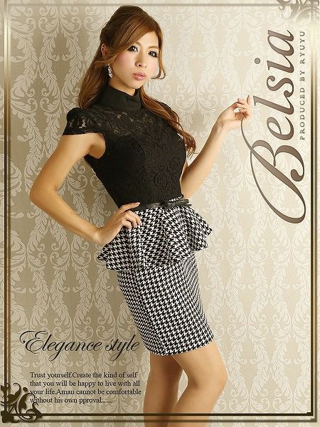 【BELSIA】極上セレブリティなフロッキーレース切替え千鳥柄ペプラムミニドレスワンピ