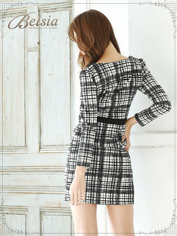 【BELSIA】クラシカルチェック柄長袖付ワンピース ベルシア ryuyu 膝丈タイトキャバワンピ
