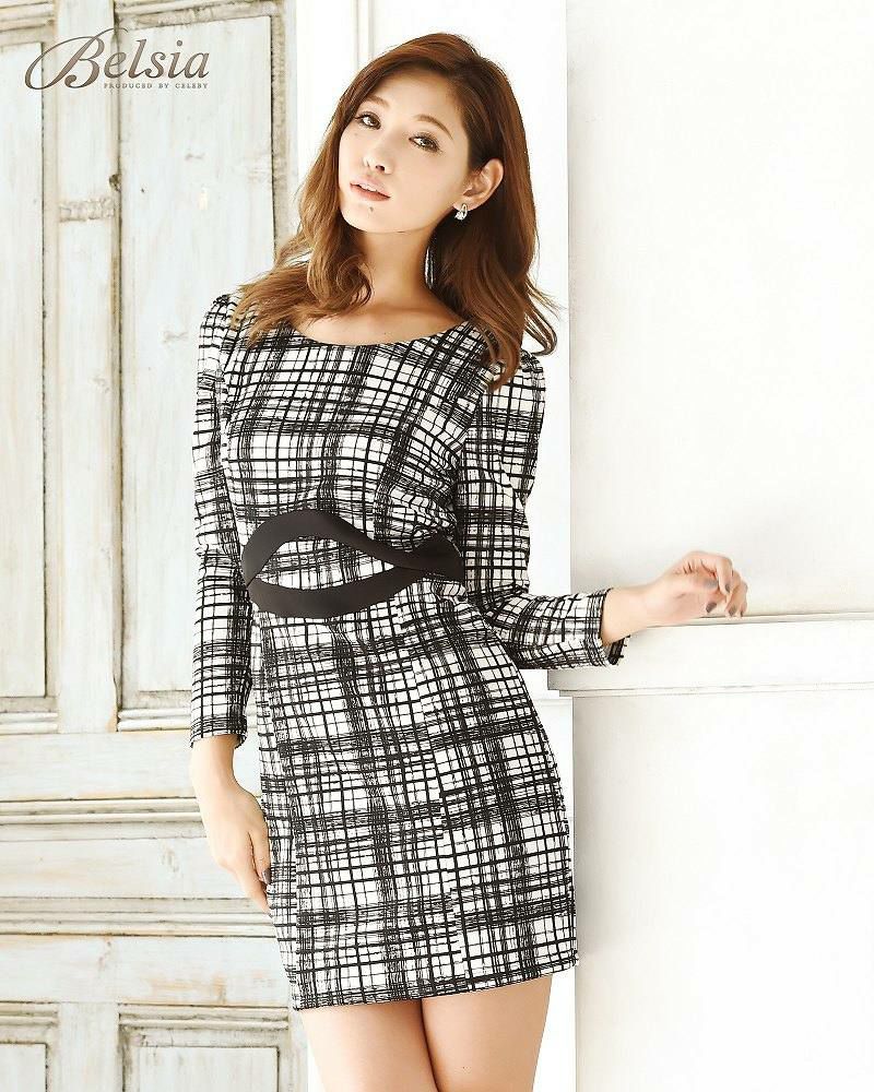 【BELSIA】クラシカルチェック柄長袖付ワンピース ベルシア ryuyu 膝丈タイトキャバワンピ