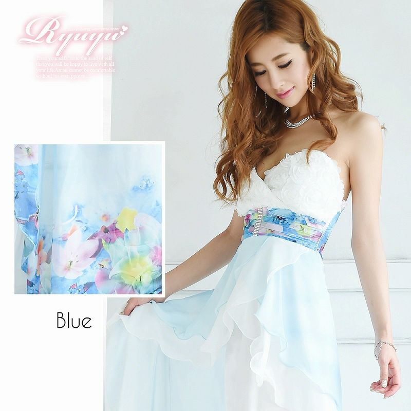 Lサイズ追加!! 美胸立体flower*優美な魅惑グラデ花柄ミニinシフォンロングドレス/姉ageha青木りえ（あおきりえ）ちゃん着用ロングドレス