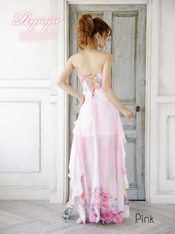 Lサイズ追加!! 美胸立体flower*優美な魅惑グラデ花柄ミニinシフォンロングドレス/姉ageha青木りえ（あおきりえ）ちゃん着用ロングドレス