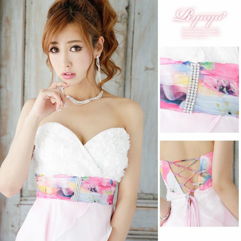 Lサイズ追加!! 美胸立体flower*優美な魅惑グラデ花柄ミニinシフォンロングドレス/姉ageha青木りえ（あおきりえ）ちゃん着用ロングドレス