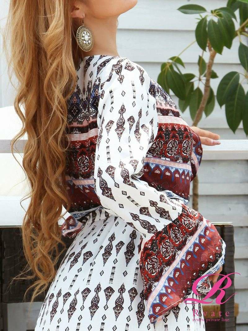 スーパーセール 4280 3852 Rvate 2way 海外セレブ風エスニック柄 マキシ丈ワンピース マキシワンピ カシュクール長袖ロング ワンピース リゾート Rew You リューユ