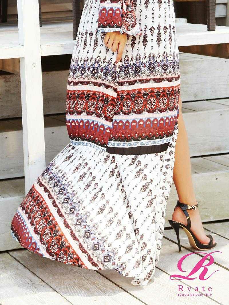 Rvate 2way 海外セレブ風エスニック柄 マキシ丈ワンピース マキシワンピ カシュクール長袖ロングワンピース リゾート Rew You リューユ