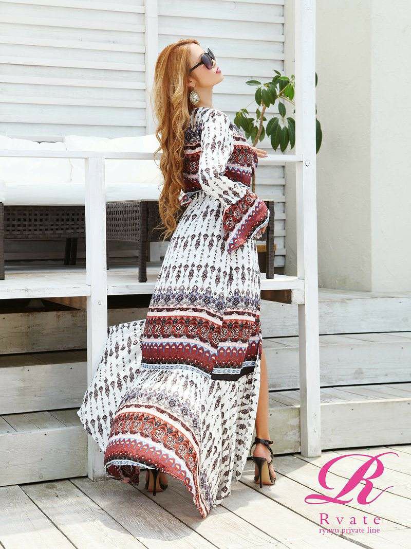 【Rvate】2WAY!!海外セレブ風エスニック柄 マキシ丈ワンピース マキシワンピ カシュクール長袖ロングワンピース リゾート