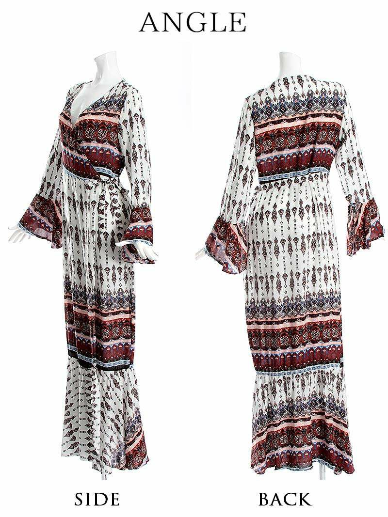 Rvate 2way 海外セレブ風エスニック柄 マキシ丈ワンピース マキシワンピ カシュクール長袖ロングワンピース リゾート Rew You リューユ