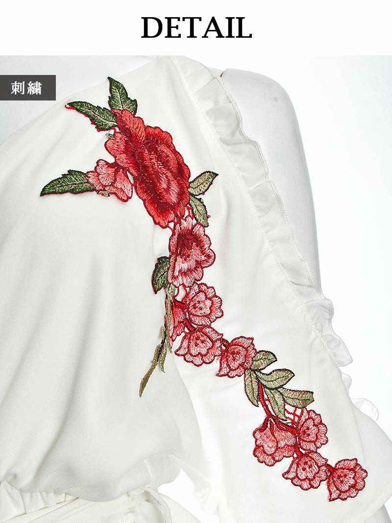 【Rvate】rose刺繍ショート丈オールインワン オフショルダーシフォンロンパース