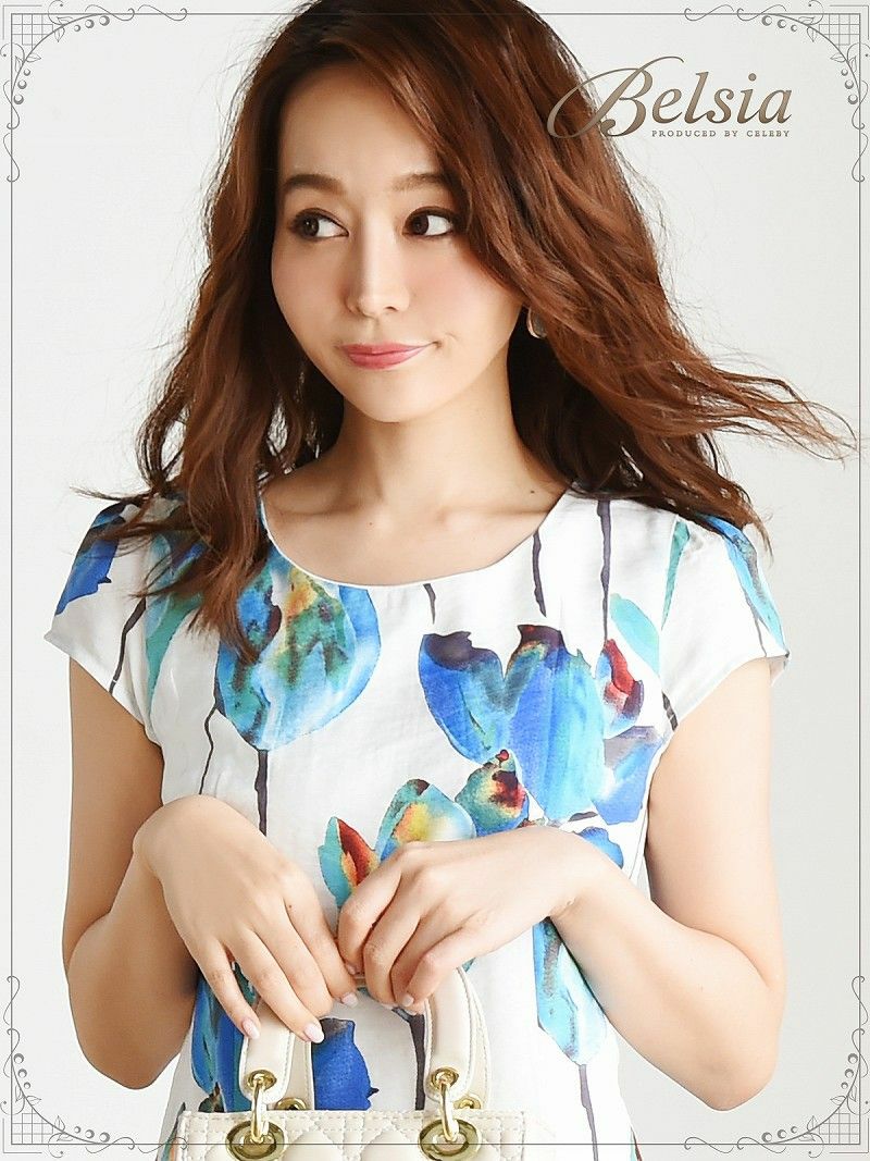 【Belsia】大きいサイズ完備!!水彩flowerワンピース 袖付きキャバクラワンピース【ベルシア】