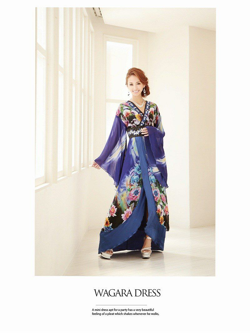 S/L/XLサイズ追加！【流遊】 和嬢天女しなやかシフォン着物ドレス 武田静加 着用ドレス【Ryuyu】キャバクラ和柄ロングドレス 青