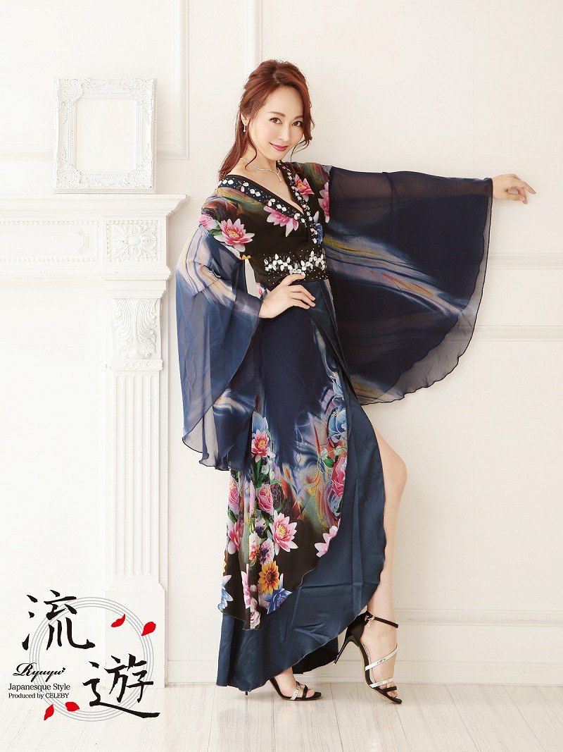 【即納】【流遊】キャバ花魁!和嬢天女しなやかシフォン着物ドレス【Ryuyu】キャバクラ和柄ロングドレス 紺