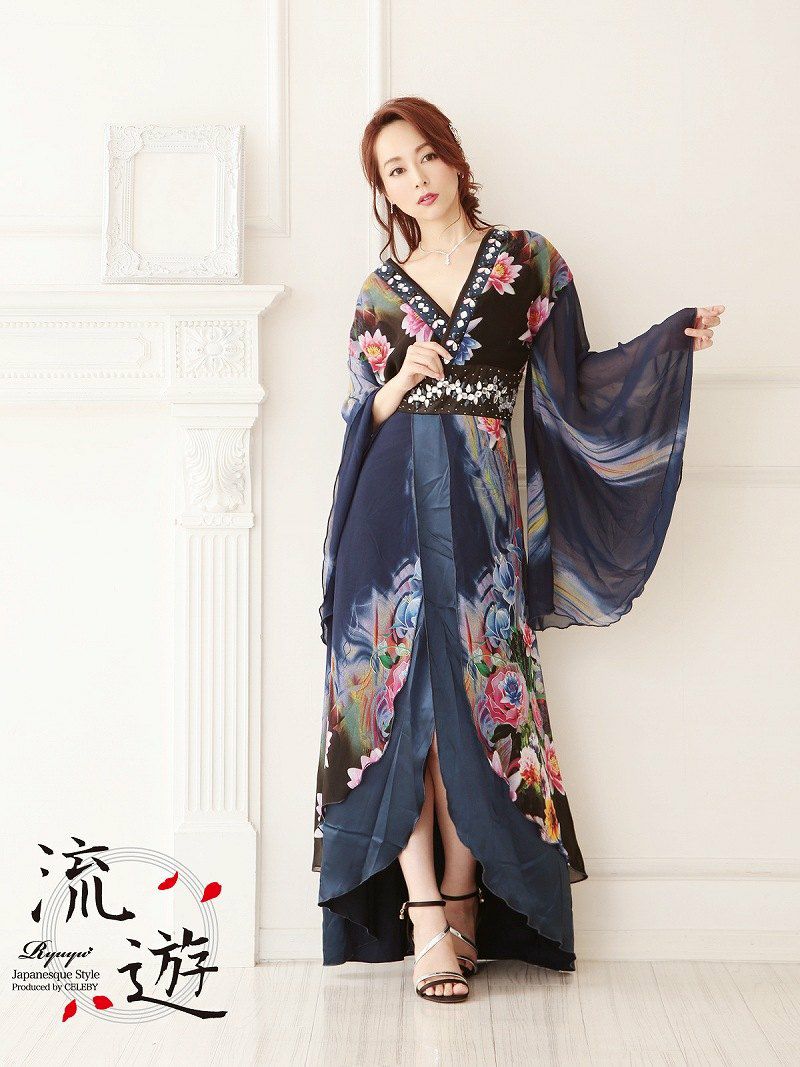 【即納】【流遊】キャバ花魁!和嬢天女しなやかシフォン着物ドレス【Ryuyu】キャバクラ和柄ロングドレス 紺