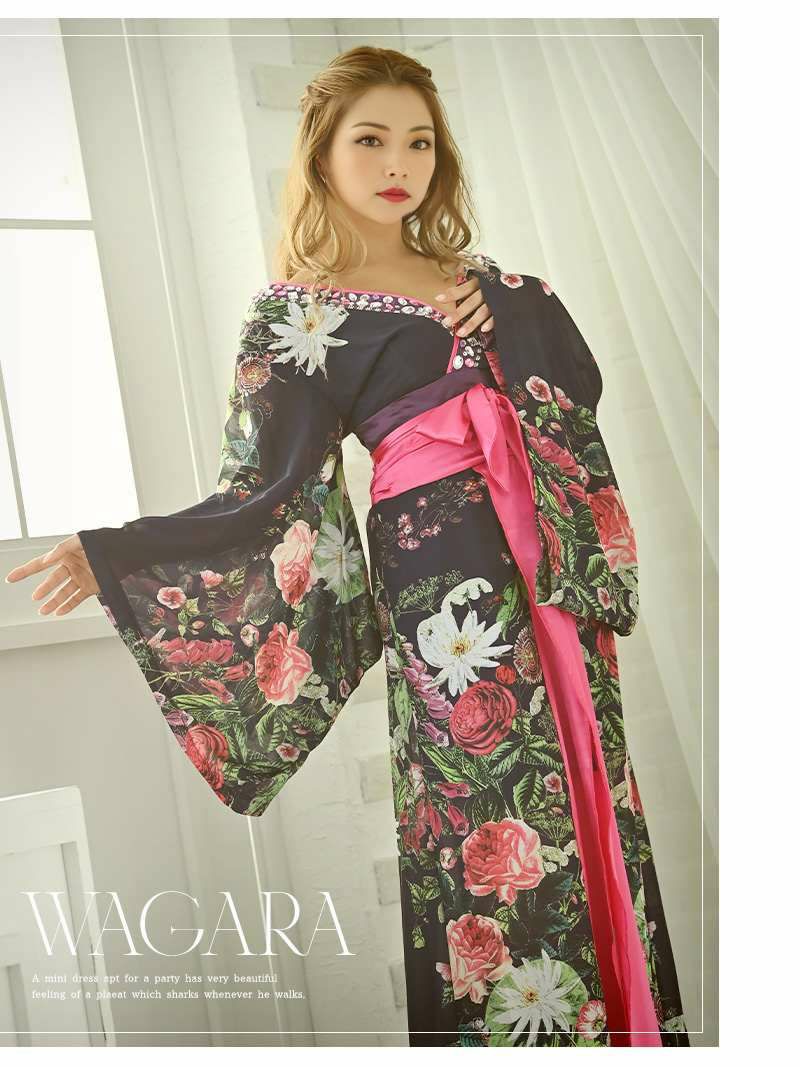 S/L/XLサイズ追加！【流遊】 キャバ花魁!シフォン和柄着物ドレス 尾崎紗代子 着用ドレス【Ryuyu】 和華柄キャバクラロングドレス