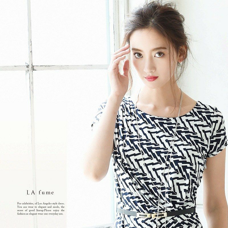 【LAfume】【S M L LL完備】7号～13号!幾何学柄キャバワンピース ryuyu リューユ 大人セレブ膝丈ワンピース ベルト付 ラフューム