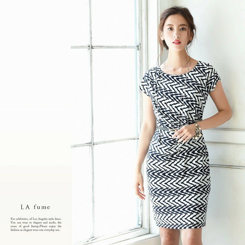 【LAfume】【S M L LL完備】7号～13号!幾何学柄キャバワンピース ryuyu リューユ 大人セレブ膝丈ワンピース ベルト付 ラフューム