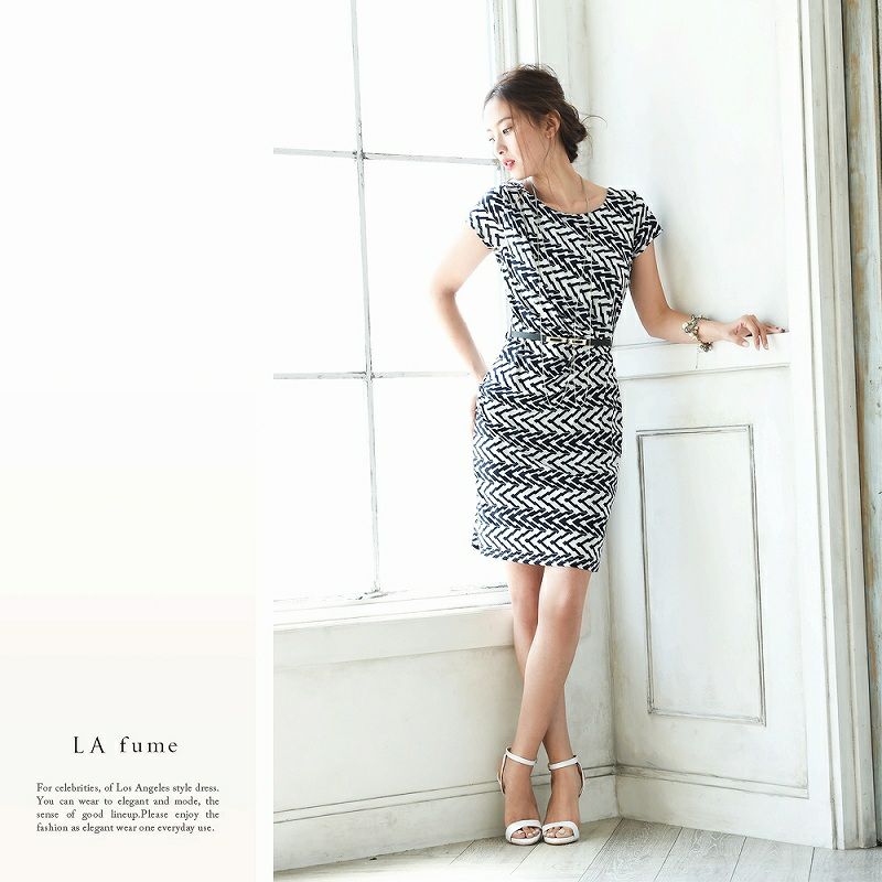 【LAfume】【S M L LL完備】7号～13号!幾何学柄キャバワンピース ryuyu リューユ 大人セレブ膝丈ワンピース ベルト付 ラフューム