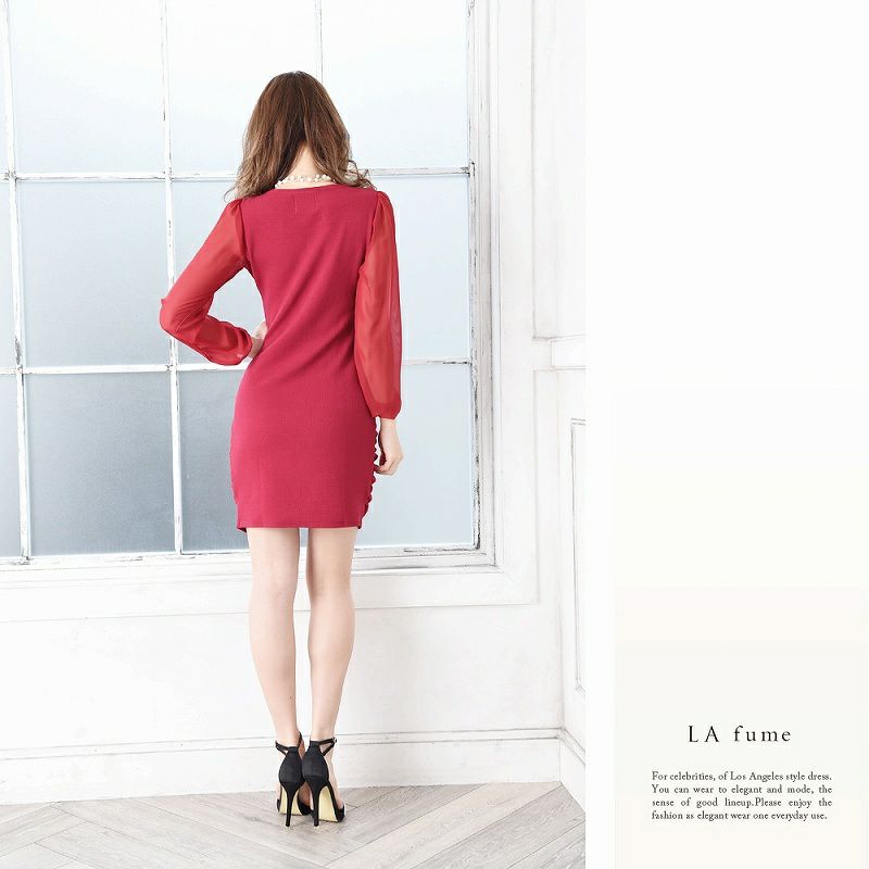 【LAfume】elegantシフォン袖付長袖カシュクール膝丈キャバワンピース ストレッチタイトワンピース【ラフューム】