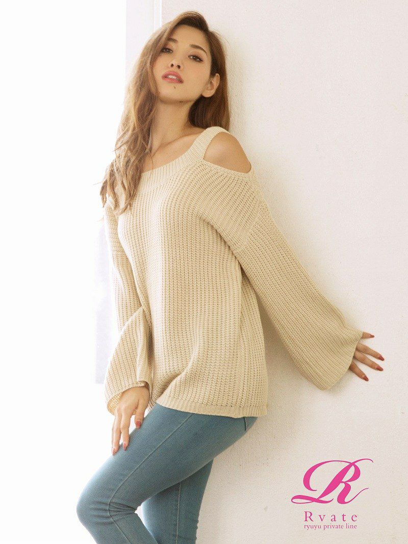 【Rvate】simpleオープショルダーニットトップス 単色無地チュニック