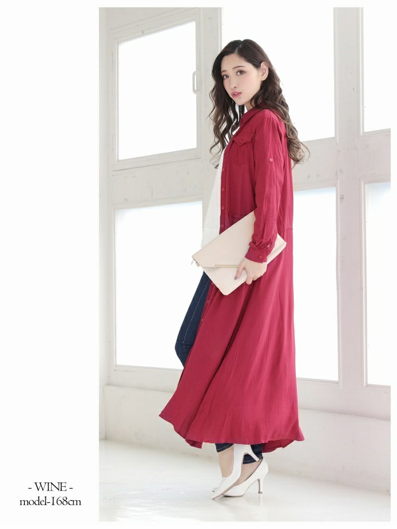 2WAY!!長袖ロングシャツワンピース 【Rvate/アールべート】(M)(ホワイト/ワイン/カーキ/ブルー/ブラック/ネイビー)