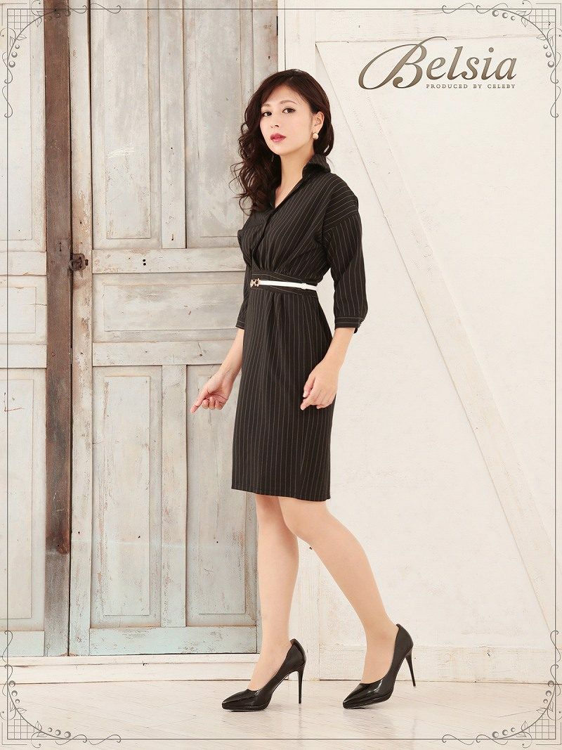 【Belsia】大きいサイズ完備!!ピンストライプ柄シャツワンピース 膝丈キャバクラワンピース【ベルシア】