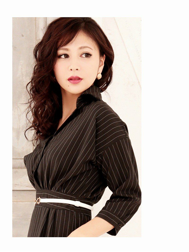 【Belsia】大きいサイズ完備!!ピンストライプ柄シャツワンピース 膝丈キャバクラワンピース【ベルシア】