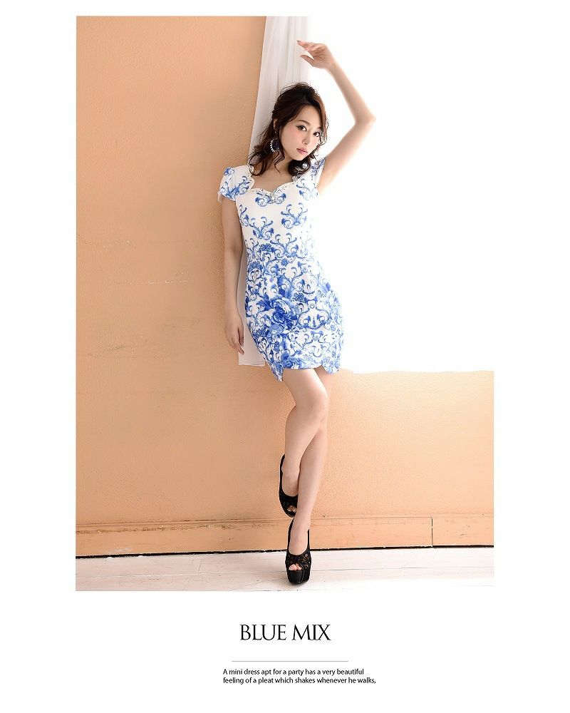 【BelsiaLux】爽パネル風花柄袖付ミニドレス 上質スカラップストレッチタイトキャバミニドレス