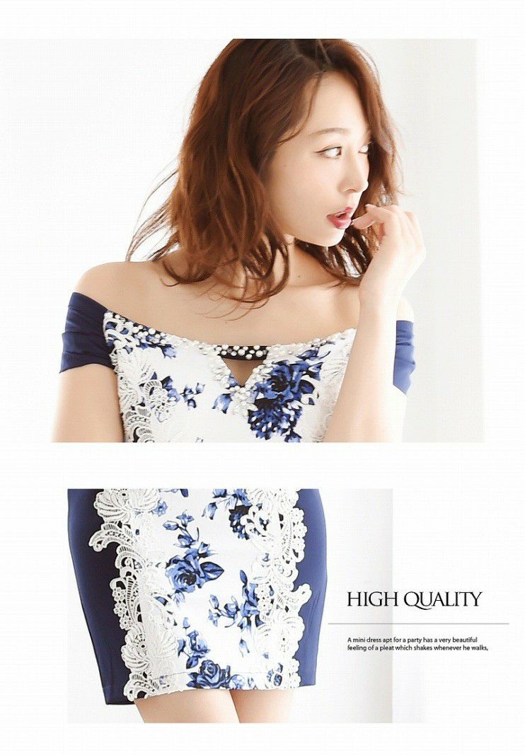 【BelsiaLux】大人floral!細見せ花柄オフショルミニドレス 高級オリジナルストレッチキャバクラドレス【ベルシアリュクス】