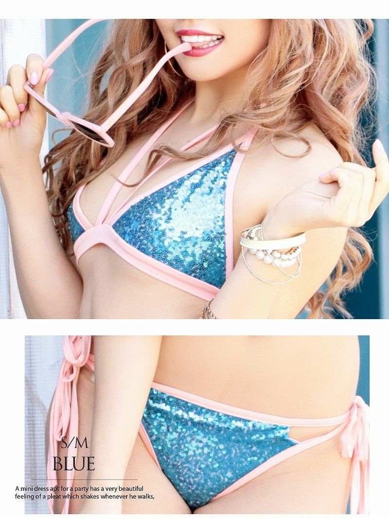 【即納】Gorgeousスパンコールホルターネック三角ビキニ パイピングキャバ水着 2点セット