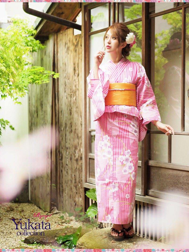 【即納】二部式浴衣4点セット!!桜×矢絣縞キャバ浴衣 丸山慧子 着用浴衣 お祭りやイベントで活躍セパレート浴衣