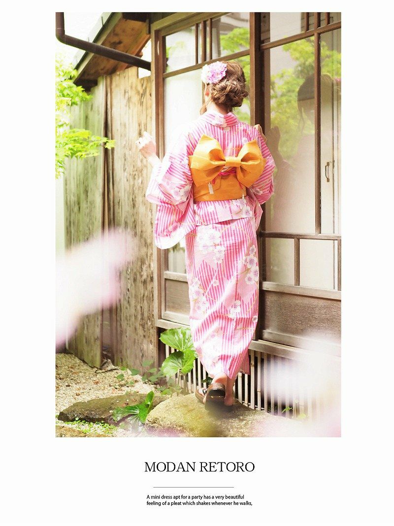 【即納】二部式浴衣4点セット!!桜×矢絣縞キャバ浴衣 丸山慧子 着用浴衣 お祭りやイベントで活躍セパレート浴衣