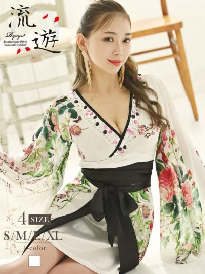 ホワイトシフォン和華柄和柄ドレス きわ 着用 着物ドレス【流遊】(S/M/L/XL)(ホワイト)