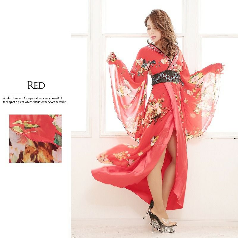 【流遊】花魁!和柄シフォンロングドレス【Ryuyu】 和華柄キャバクラ着物ドレス