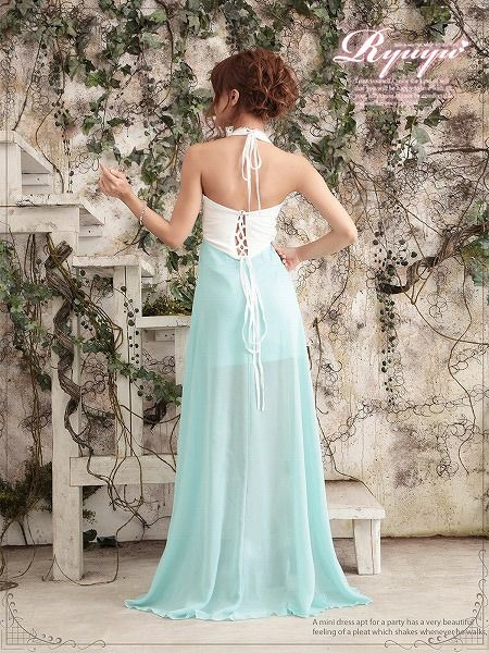ビビッドカラーで悩殺Elegant 【Ryuyu】【リューユ】 配色ホルター脚魅せテールカットシフォンロングドレス-blue