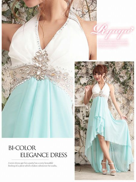 ビビッドカラーで悩殺Elegant 【Ryuyu】【リューユ】 配色ホルター脚魅せテールカットシフォンロングドレス-blue